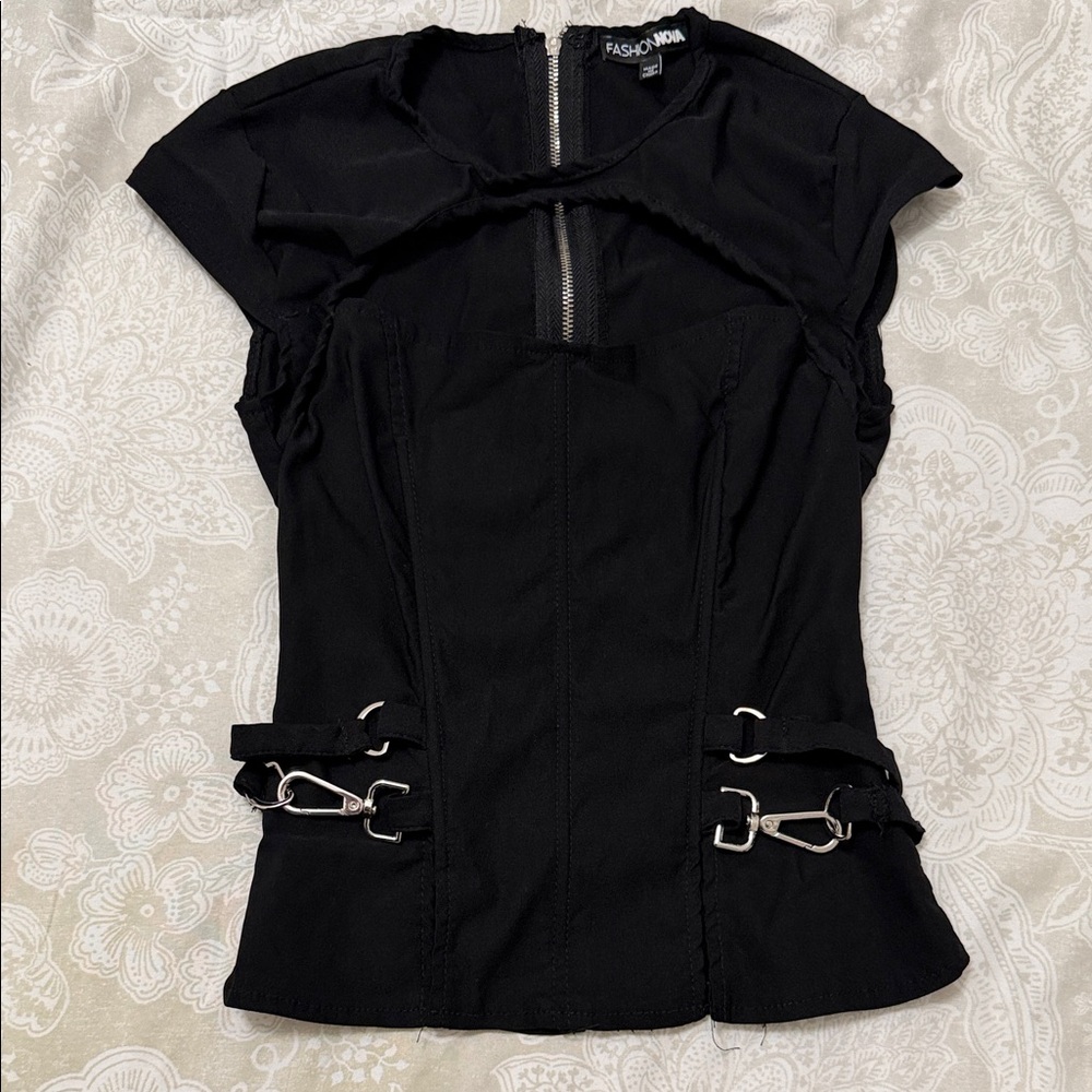 Fashion Nova Black Buckle Accent Blouse